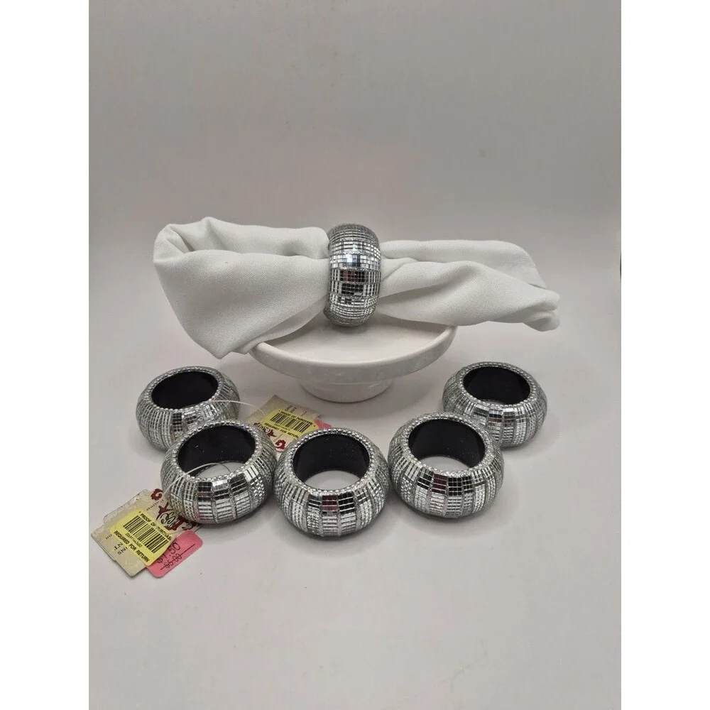 Silver Napkin Rings ( Set Of 6) Elegant Round Mirrored 2”x1”